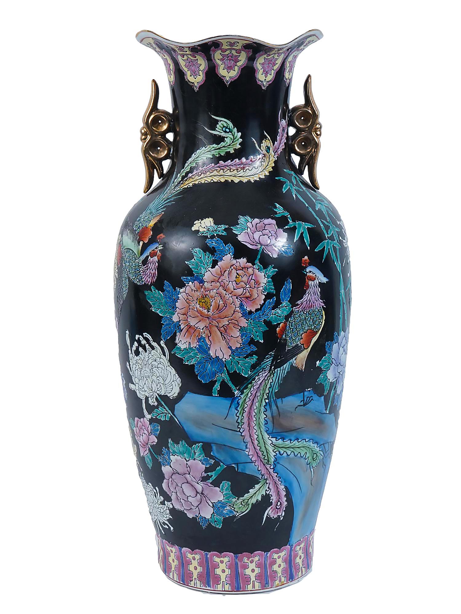 CHINESE TALL BLACK PORCELAIN VASE WITH PEACOCKS PIC-0